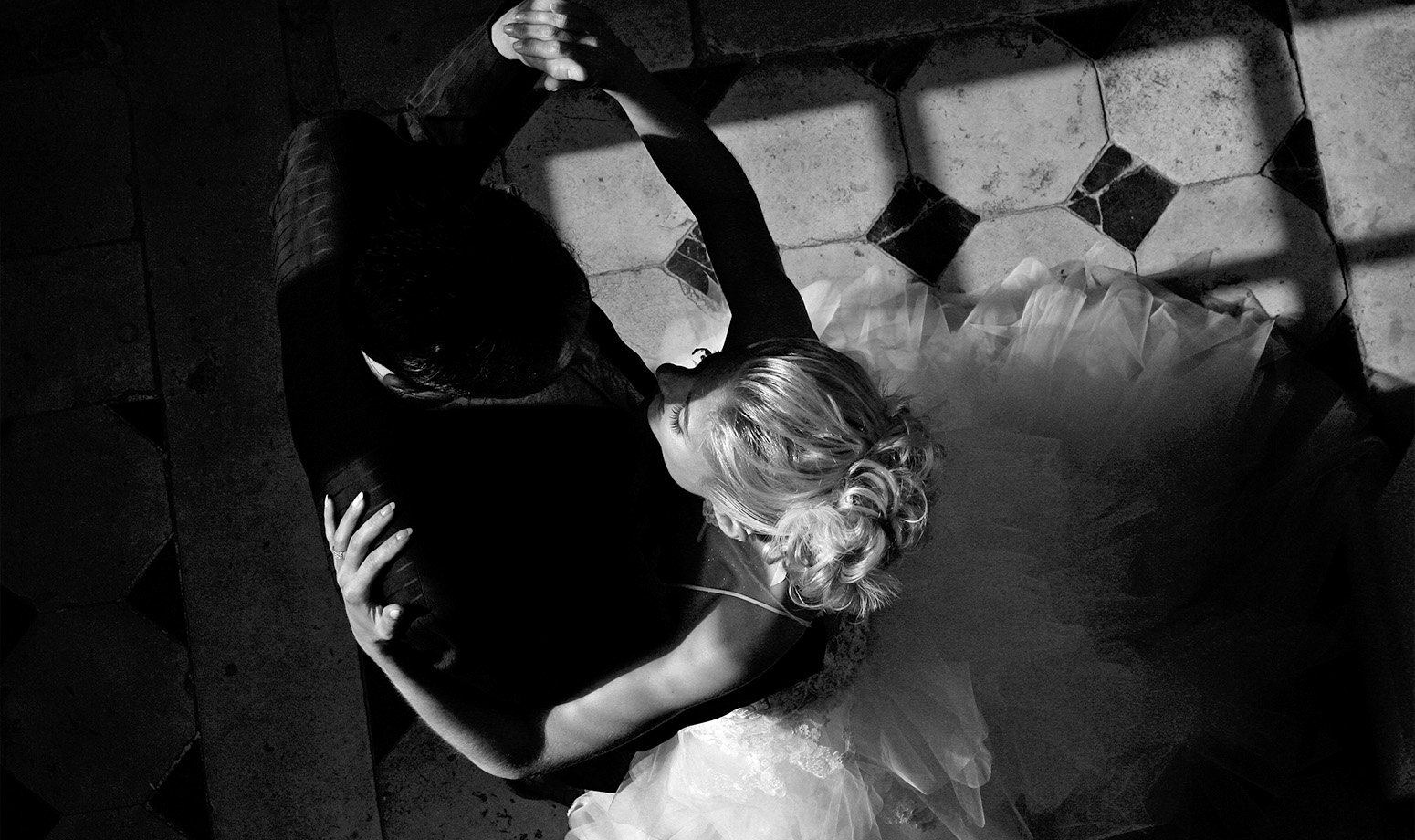 Wedding couple dance viewed from above